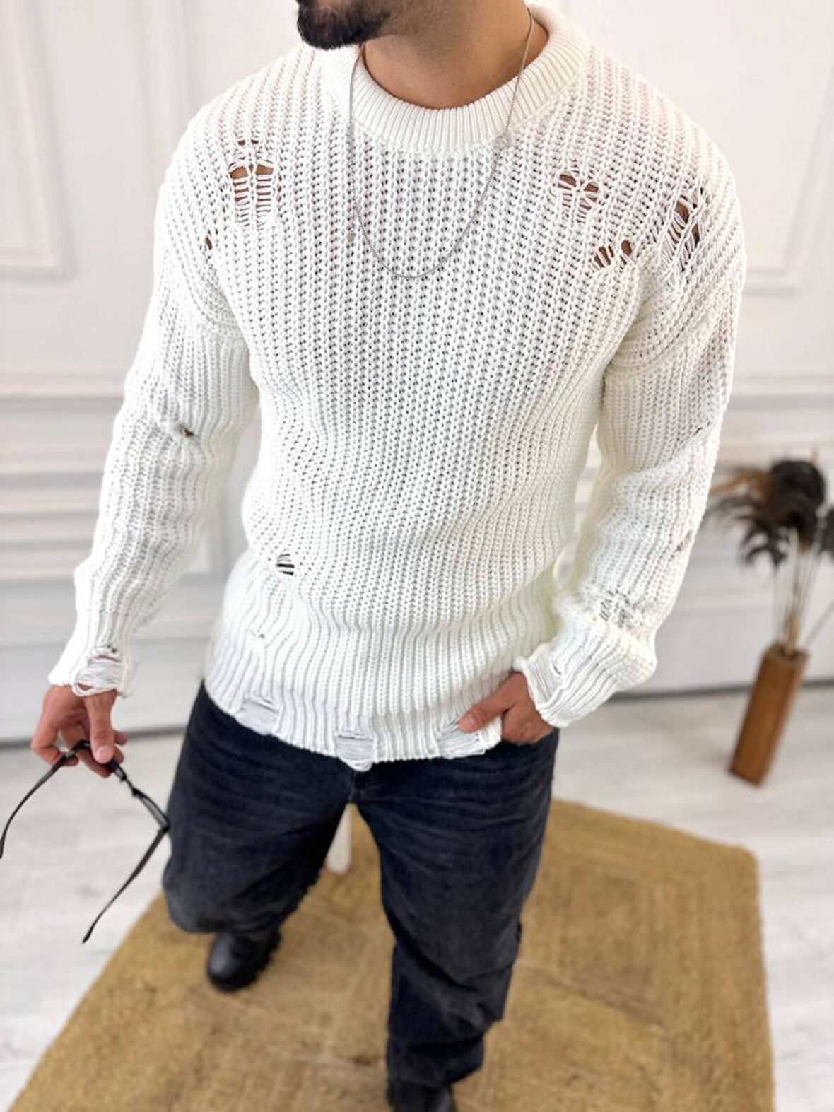 Kazak Oversize Yırtık Detaylı Lazer Kesim Tüylenmez Naturel Pamuk Rahat Kesim Salaş Kazak