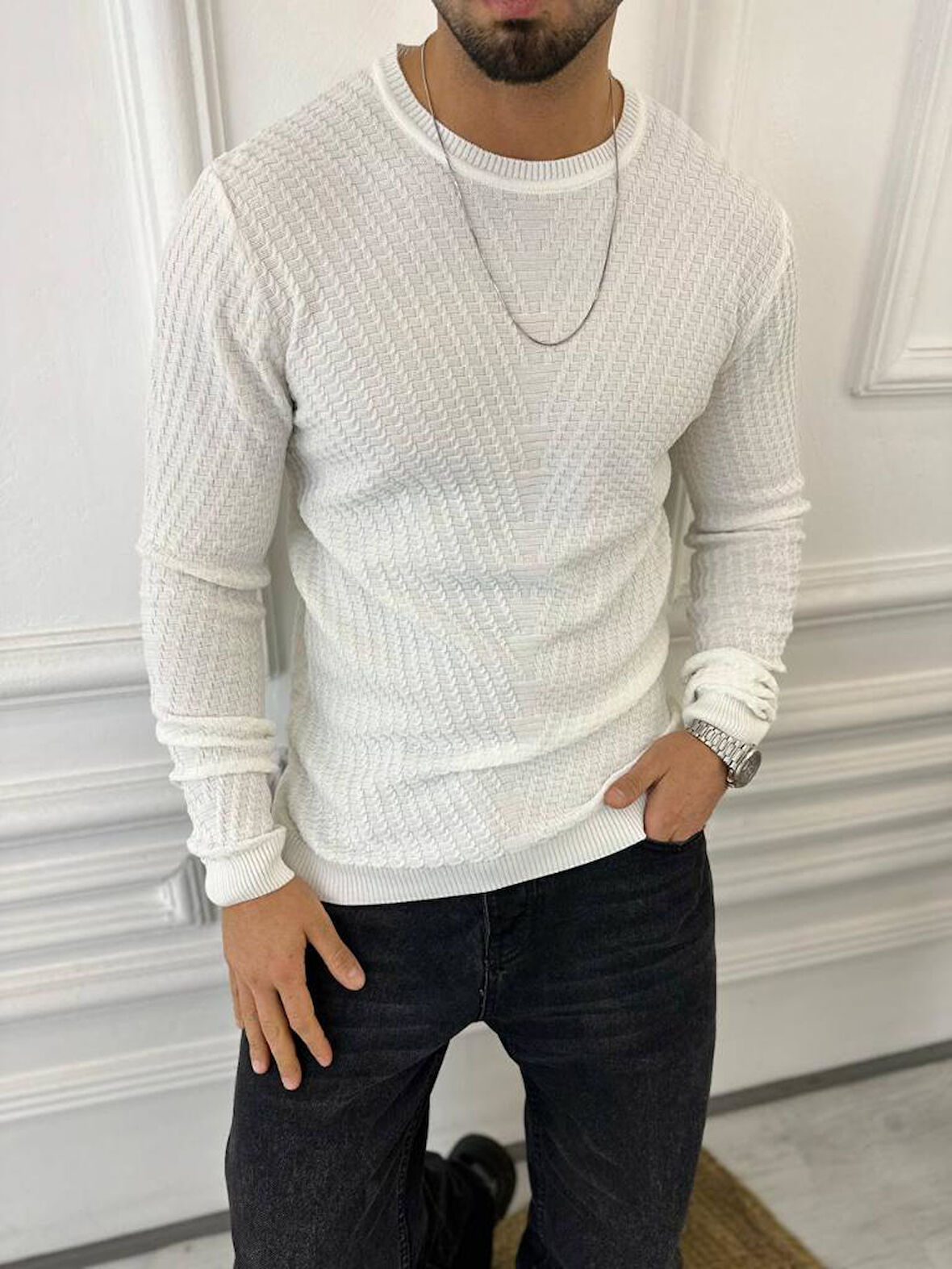 Kazak Slim Fit Tüylenmez Naturel Pamuk Triko Kazak