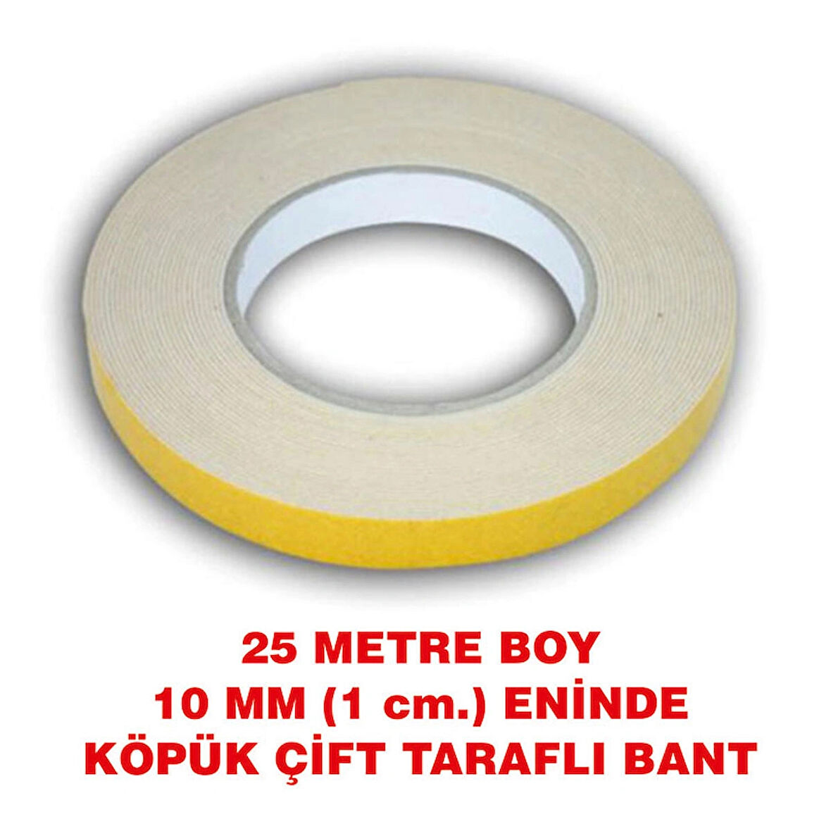 Çift Taraflı İçi Beyaz Köpüklü Bant 25 metre uzunlukta (10 mm-1 cm) eninde