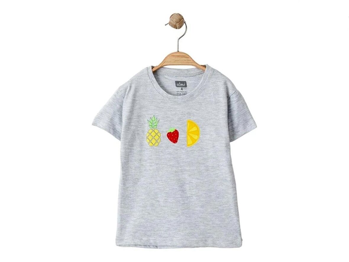 Alme Mini Gri Renk Ananas Çilek Limon Baskılı Kız Tshirt-2 Yaş