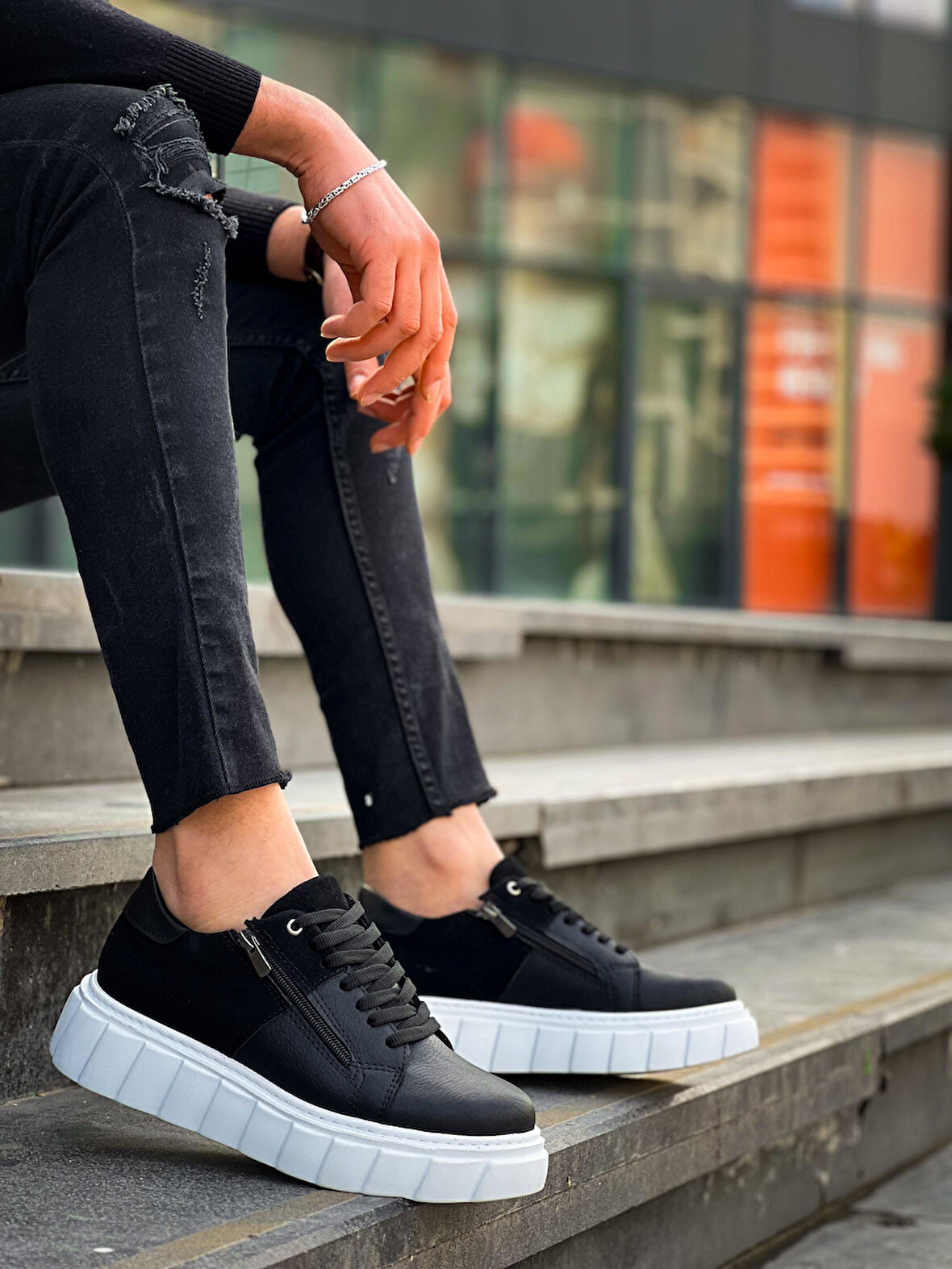 KB-X155 Kuback Siyah Cilt Siyah Süet Detaylı Beyaz Yüksek Taban Günlük Spor Ayakkabı