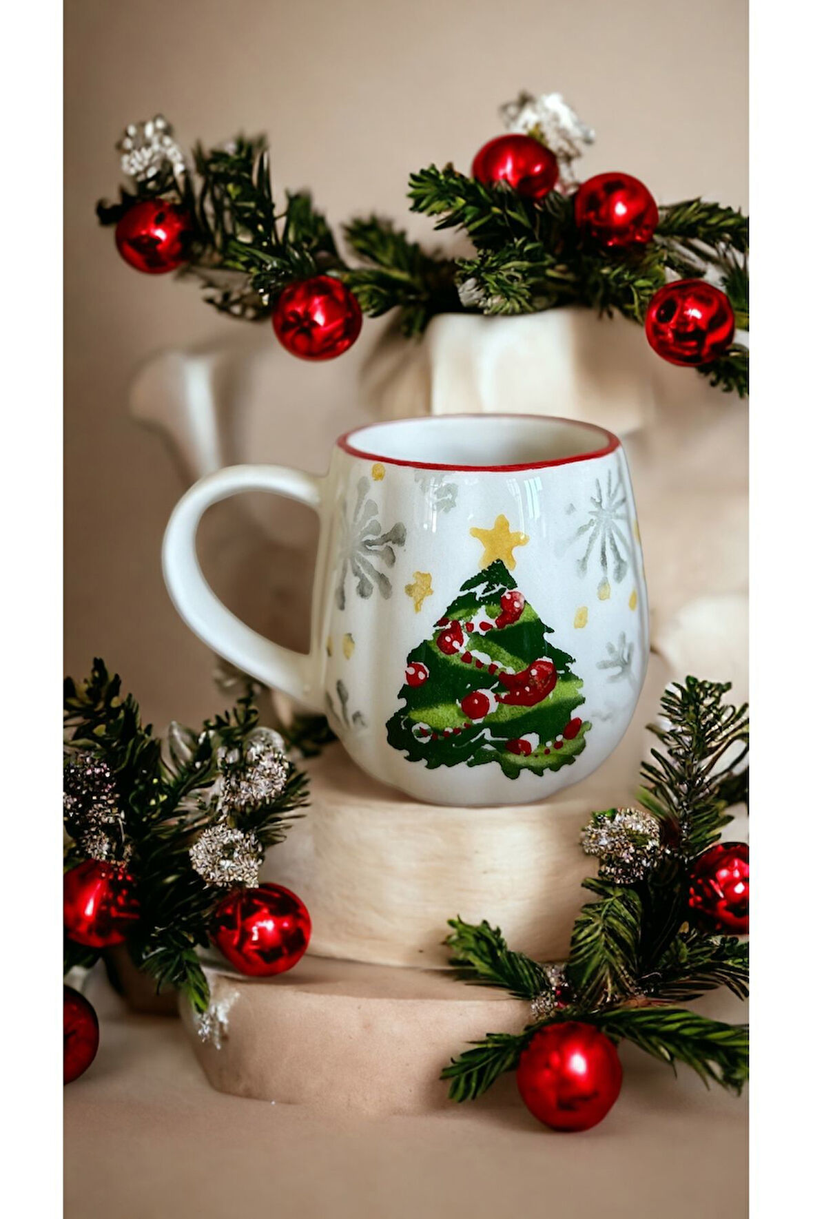 Yılbaşı Ağaç Desenli Seramik Kupa Handmade Tekli 9,5 x 7,5 CM