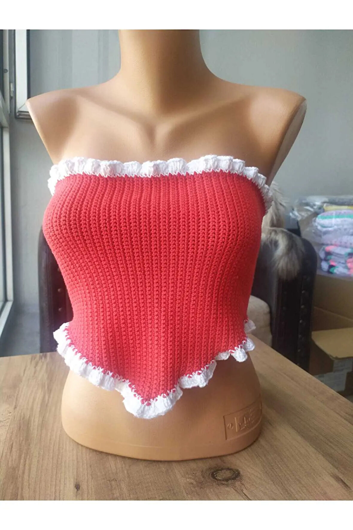Beyaz - Kırmızı Üçgen Korse Crop Büstiyer