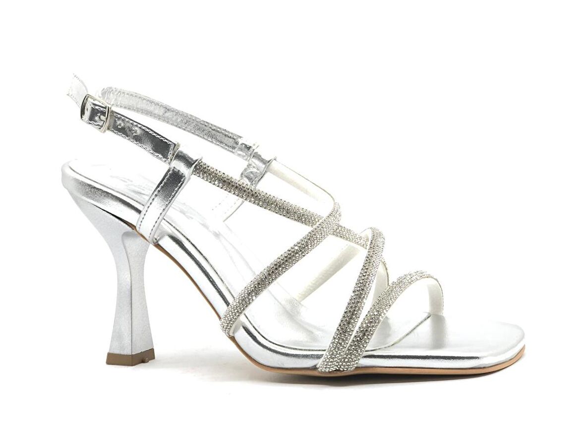 Feles Çapraz Şerit Taş Biyeli Topuklu Kadın Abiye Ayakkabı