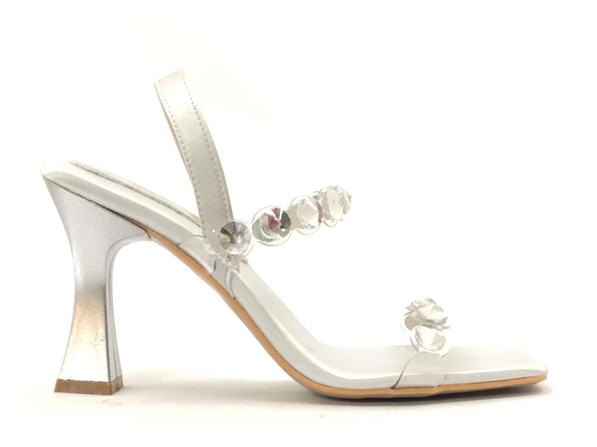 Feles Saten Şeffaf Taş Detaylı Topuklu Kadın Abiye Ayakkabı