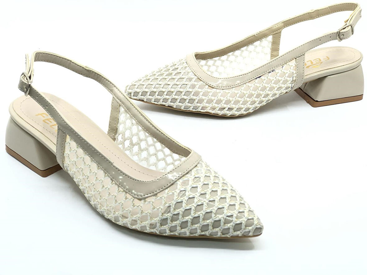 Seribo Dantel Taş Detaylı Kısa Topuklu Arkası Açık Kadın Babet Ayakkabı