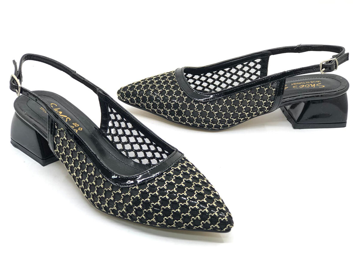 Seribo Dantel Taş Detaylı Kısa Topuklu Arkası Açık Kadın Babet Ayakkabı