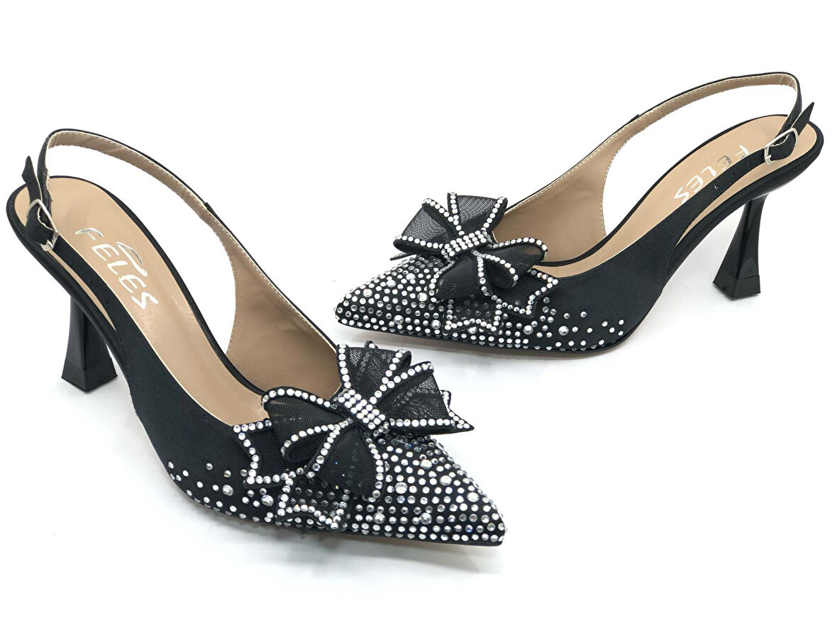 Feles Saten Kurdela Taş Detaylı Arkası Açık Stiletto Kadın Topuklu Ayakkabı