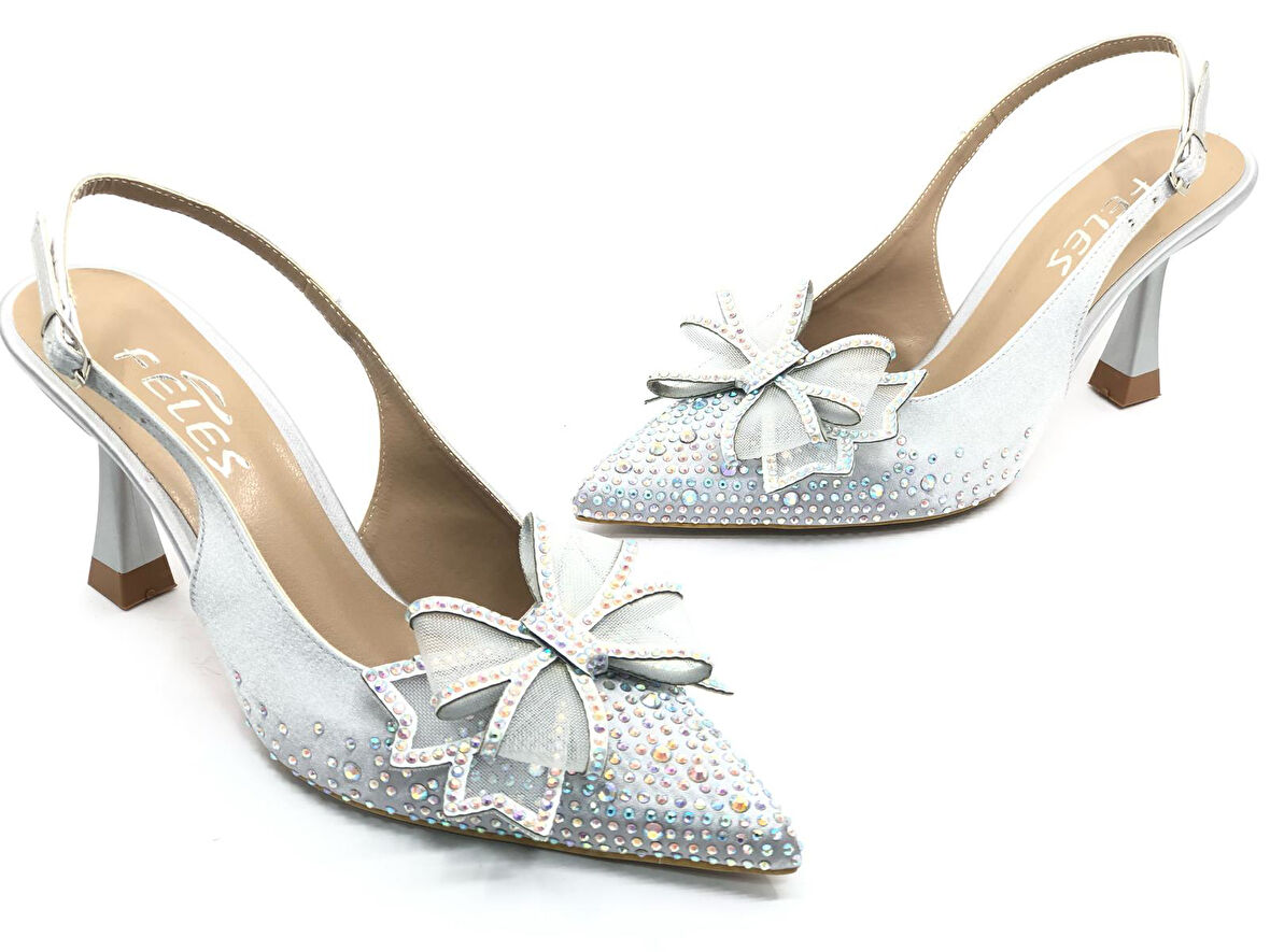 Feles Saten Kurdela Taş Detaylı Arkası Açık Stiletto Kadın Topuklu Ayakkabı