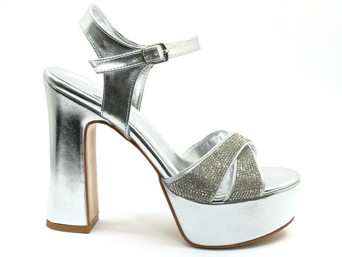 Feles 13 cm Yüksek Platform Çapraz Bant Topuklu Taşlı Kadın Abiye Ayakkabı