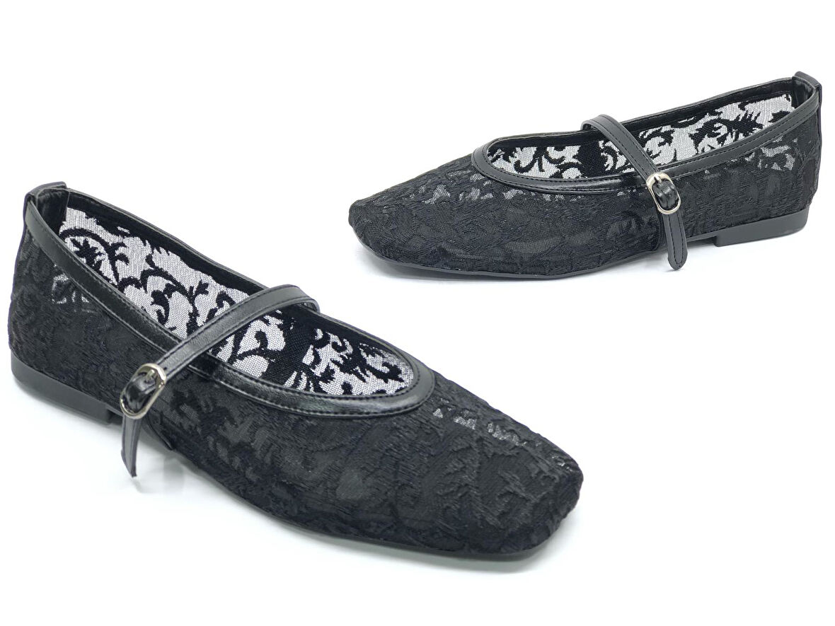 Feles Dantel Detaylı Küt Burun Kadın Babet Ayakkabı