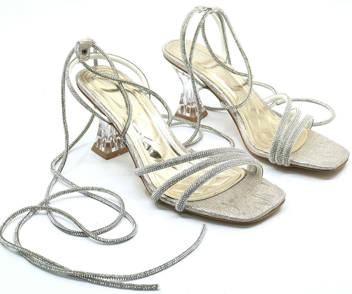 Ventes Bilekten Bağlamalı Şeffaf Topuklu Kadın Abiye Ayakkabı