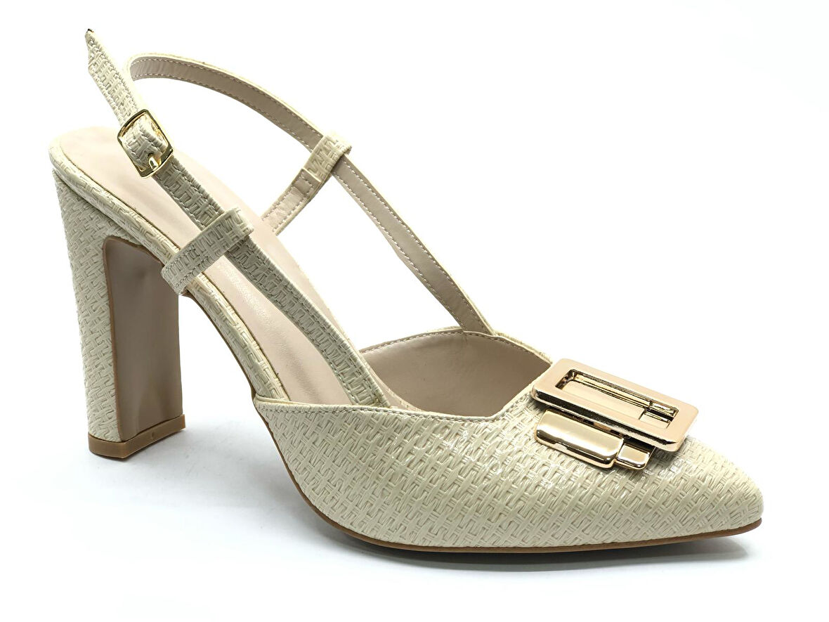 Feles Toka Detaylı Kalın Ökçe Arkası Açık Stiletto Kadın Topuklu Ayakkabı