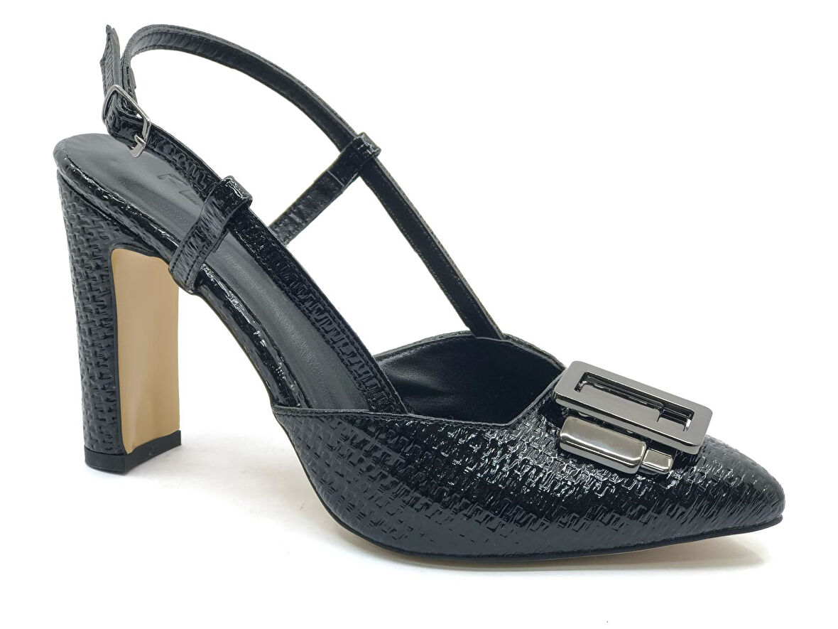 Feles Toka Detaylı Kalın Ökçe Arkası Açık Stiletto Kadın Topuklu Ayakkabı