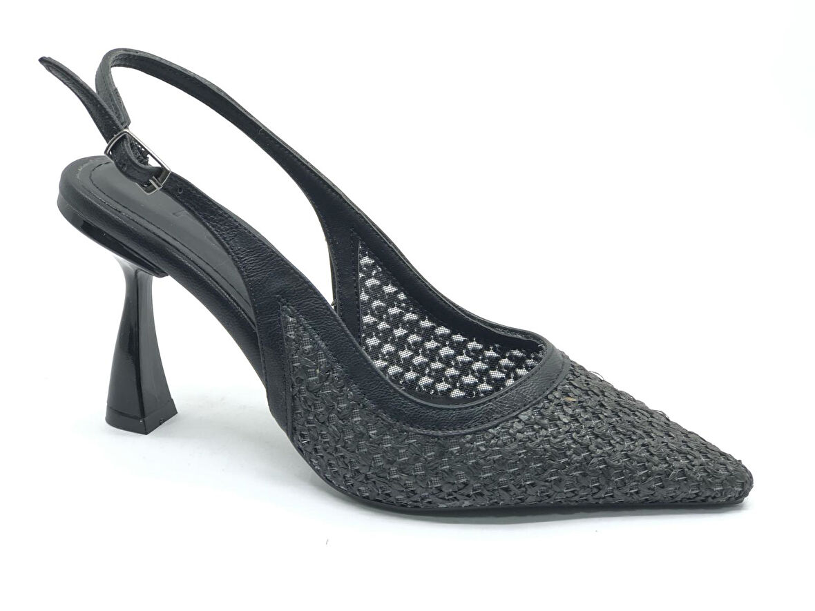 Feles Hasır Detaylı Arkası Açık Stiletto Kadın Topuklu Ayakkabı