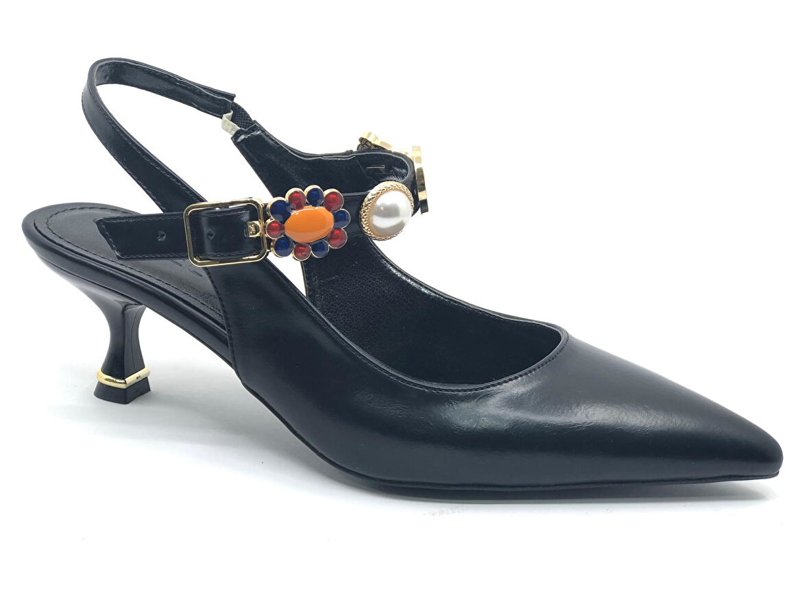 Feles İnci Toka Detaylı Arkası Açık Stiletto Kadın Topuklu Ayakkabı