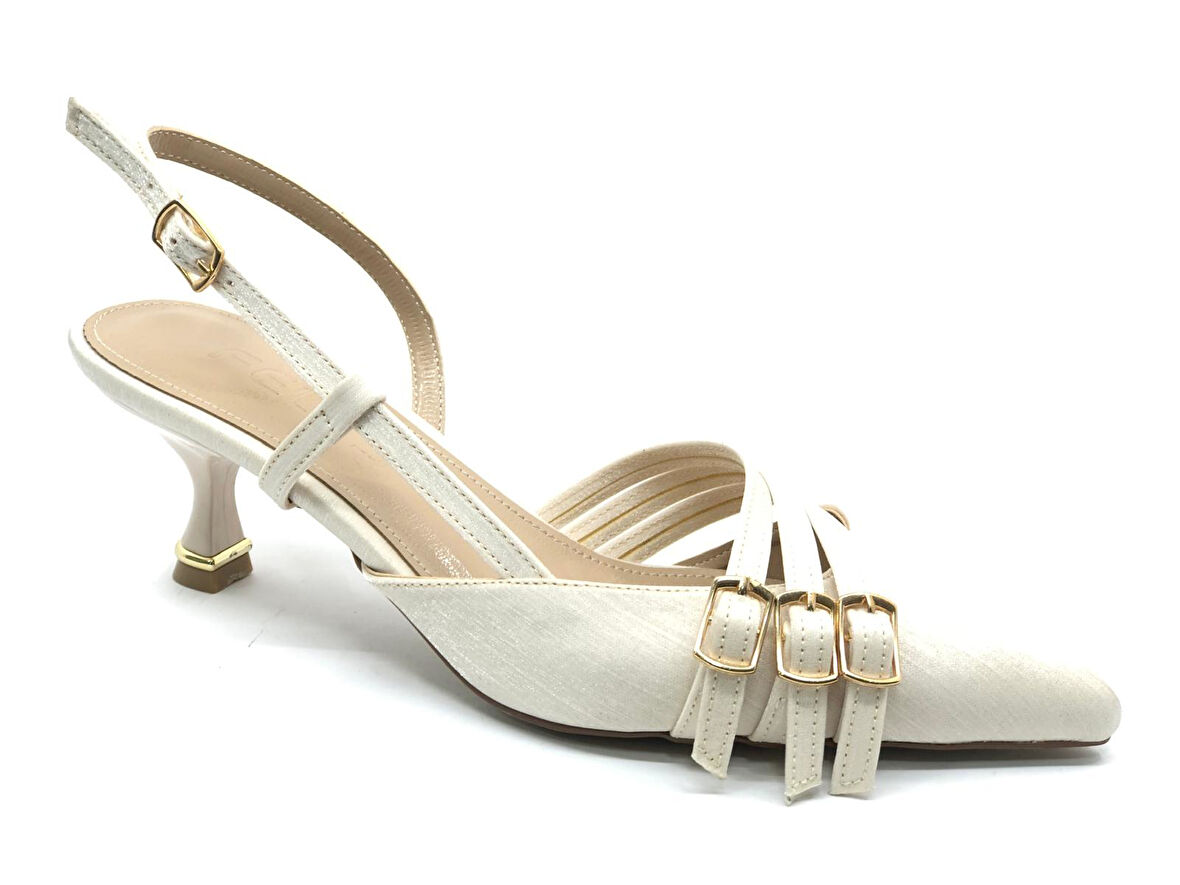 Feles Şeker Topuklu Üç Toka Detaylı Arkası Açık Stiletto Kadın Kısa Topuklu Ayakkabı