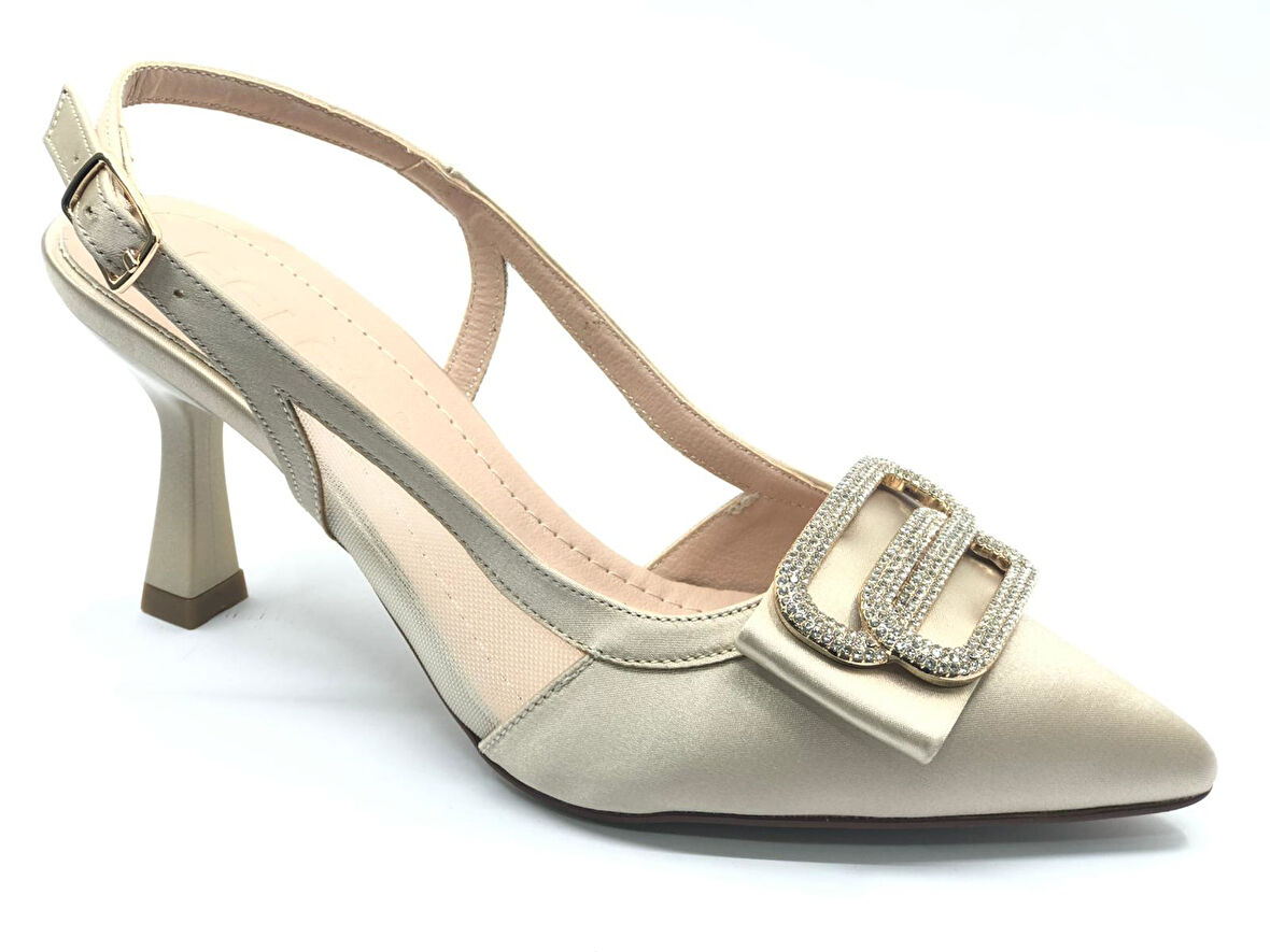 Feles Arkası Açık Yanı Şeffaf Taş Detaylı Kadın Topuklu Ayakkabı