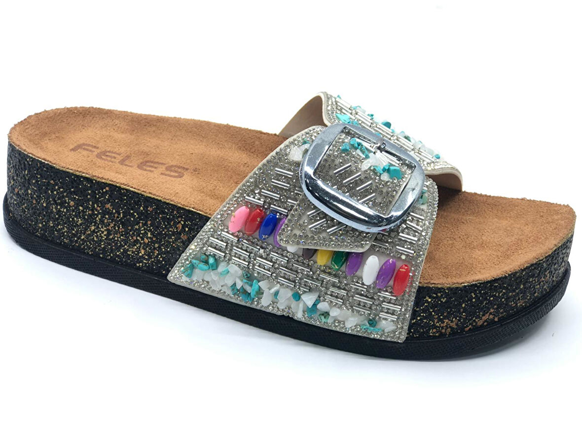 Feles Tek Toka Mantar Taban Taş Detaylı Kadın Terlik