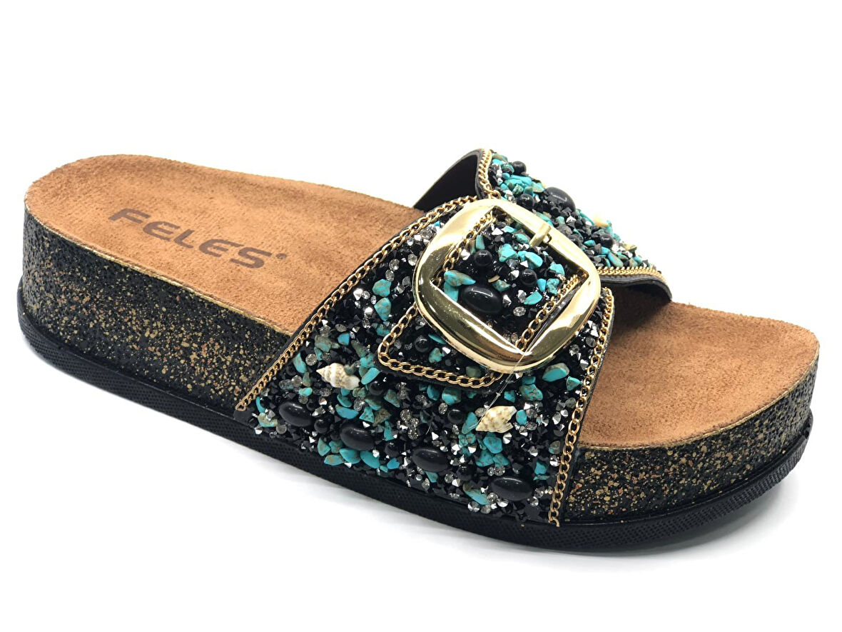 Feles Tek Toka Mantar Taban Taş Detaylı Kadın Terlik