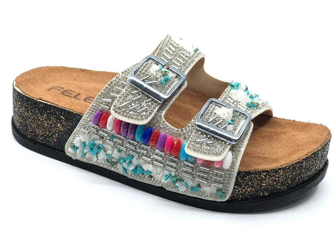 Feles Çift Toka Mantar Taban Taş Detaylı Kadın Terlik