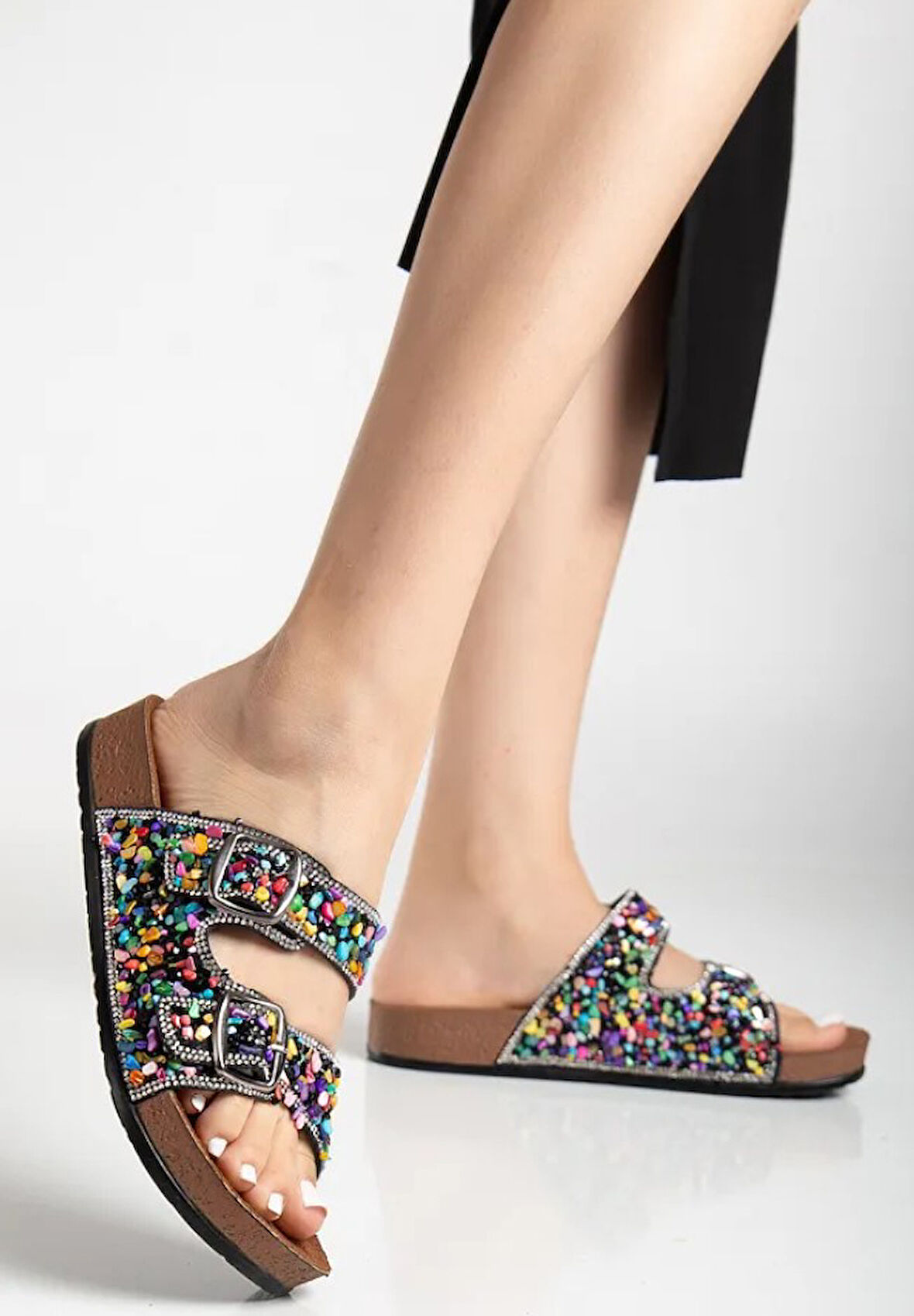 Feles Çift Toka Mantar Taban Taş Detaylı Kadın Terlik