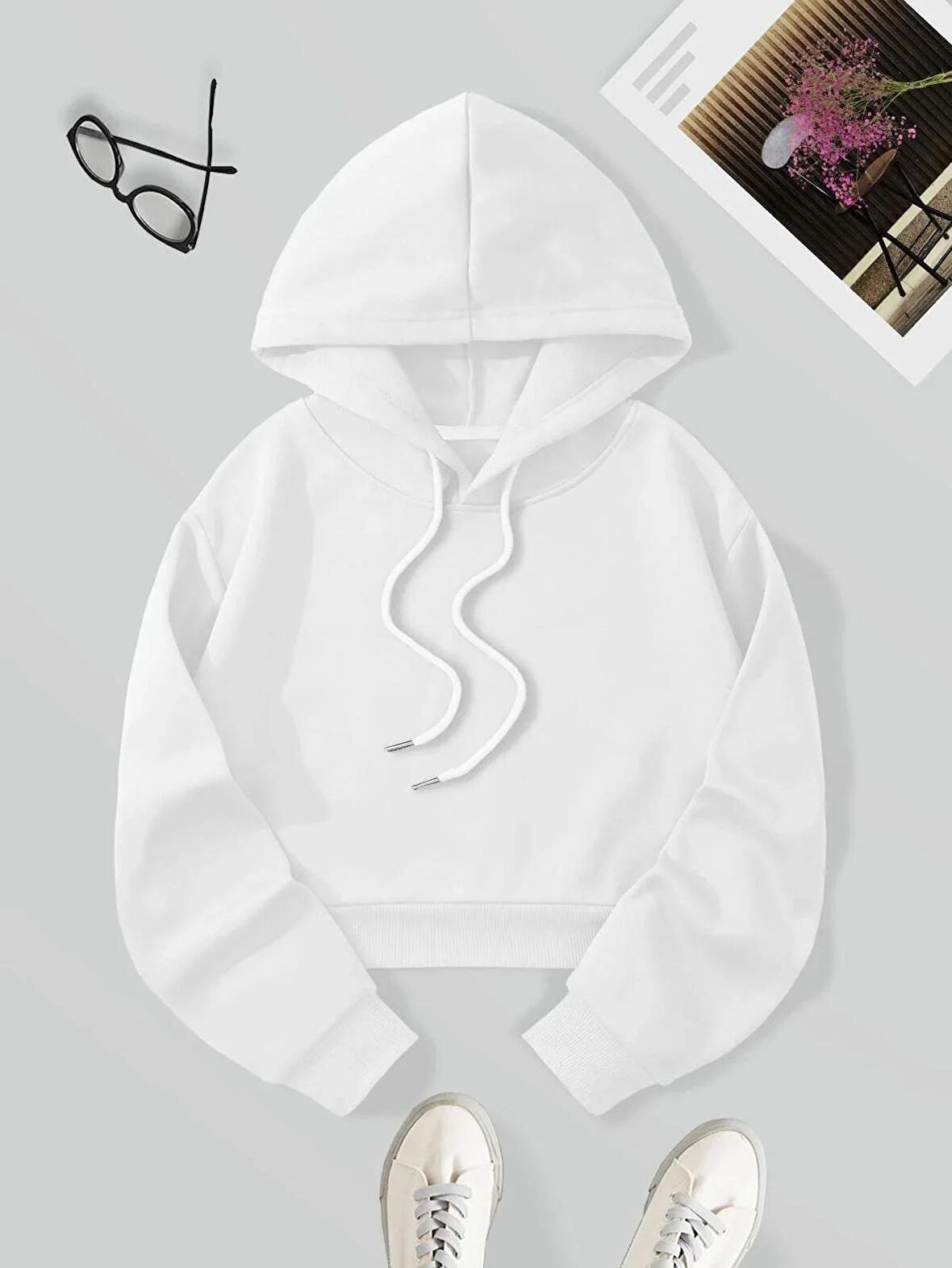 Kadın Basic Kapüşonlu Crop İçi Polarlı Oversize Sweatshirt