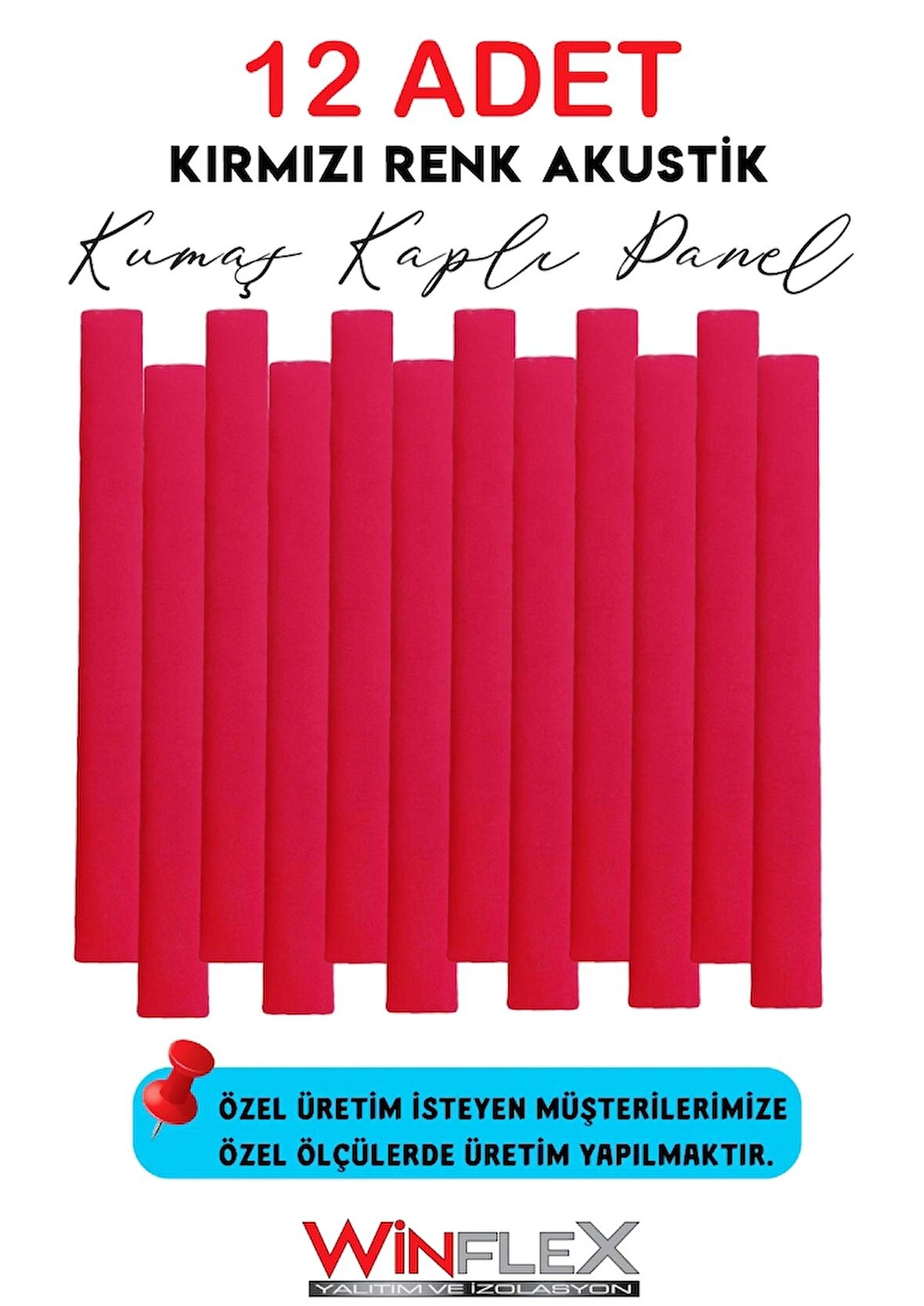 12 ADET DEKORATİF AKUSTİK KUMAŞ KAPLI PANEL-KIRMIZI(10x100CM)