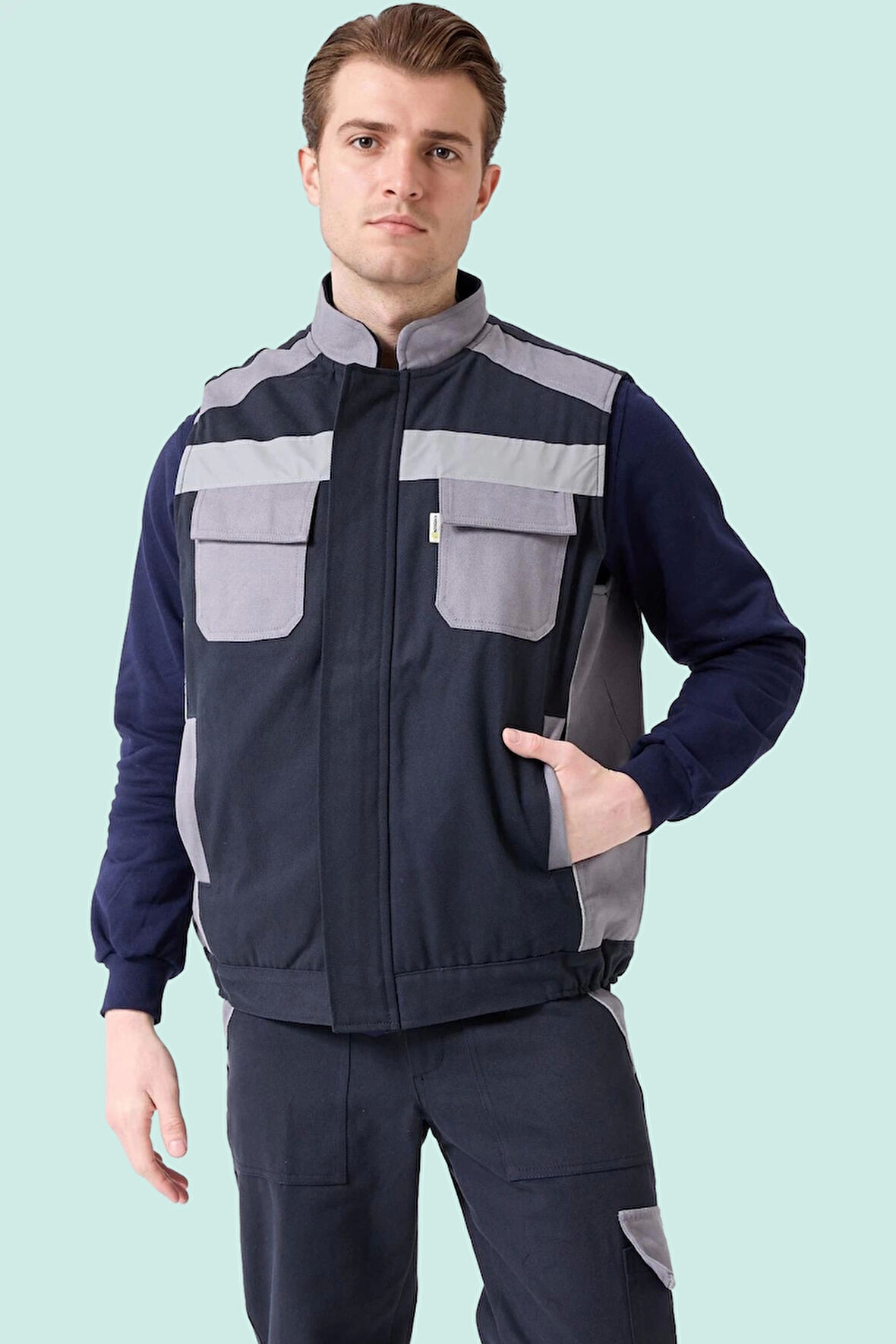 Kışlık Gabardin İş Yeleği GriLacivert Su Geçirmez Urtica Outdoor Yelek Sıcak Tutucu Suya