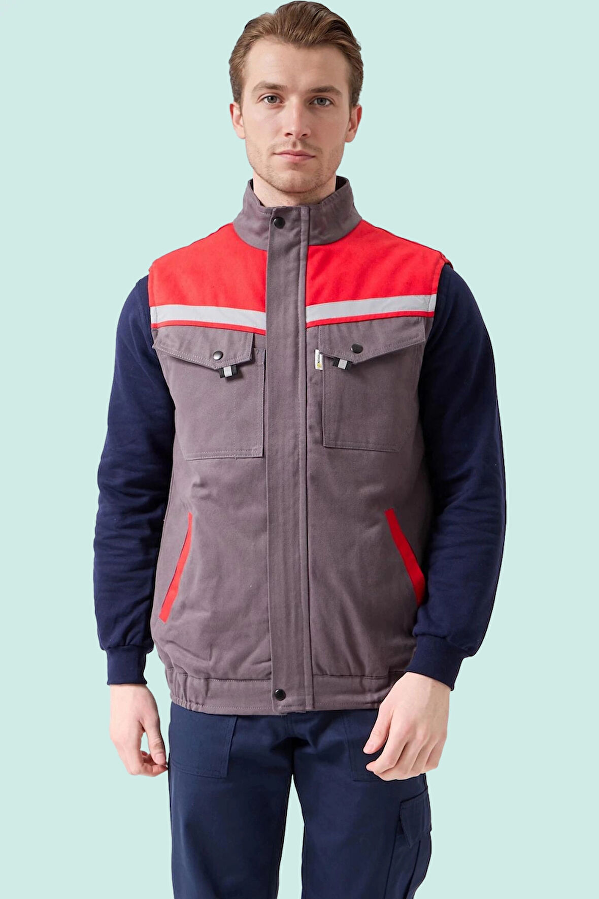 Kışlık İş Yeleği GriKırmızı Gabardin Çok Cepli Royal Sıcak Tutucu Rüzgar Geçirmez Reflektörlü