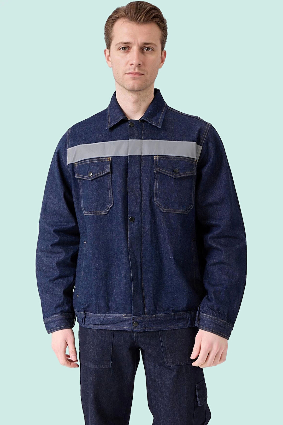 Erkek Denim ISG Mont Koyu Reflektör Detaylı CE Tulipa Kot İş Güvenliği Reflektörlü Ceket