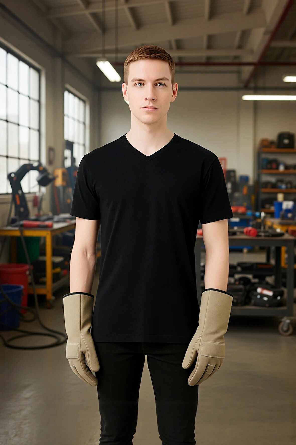 Erkek Siyah V Yaka Kısa Kollu Nefes Alabilir Pamuklu Düz T-Shirt