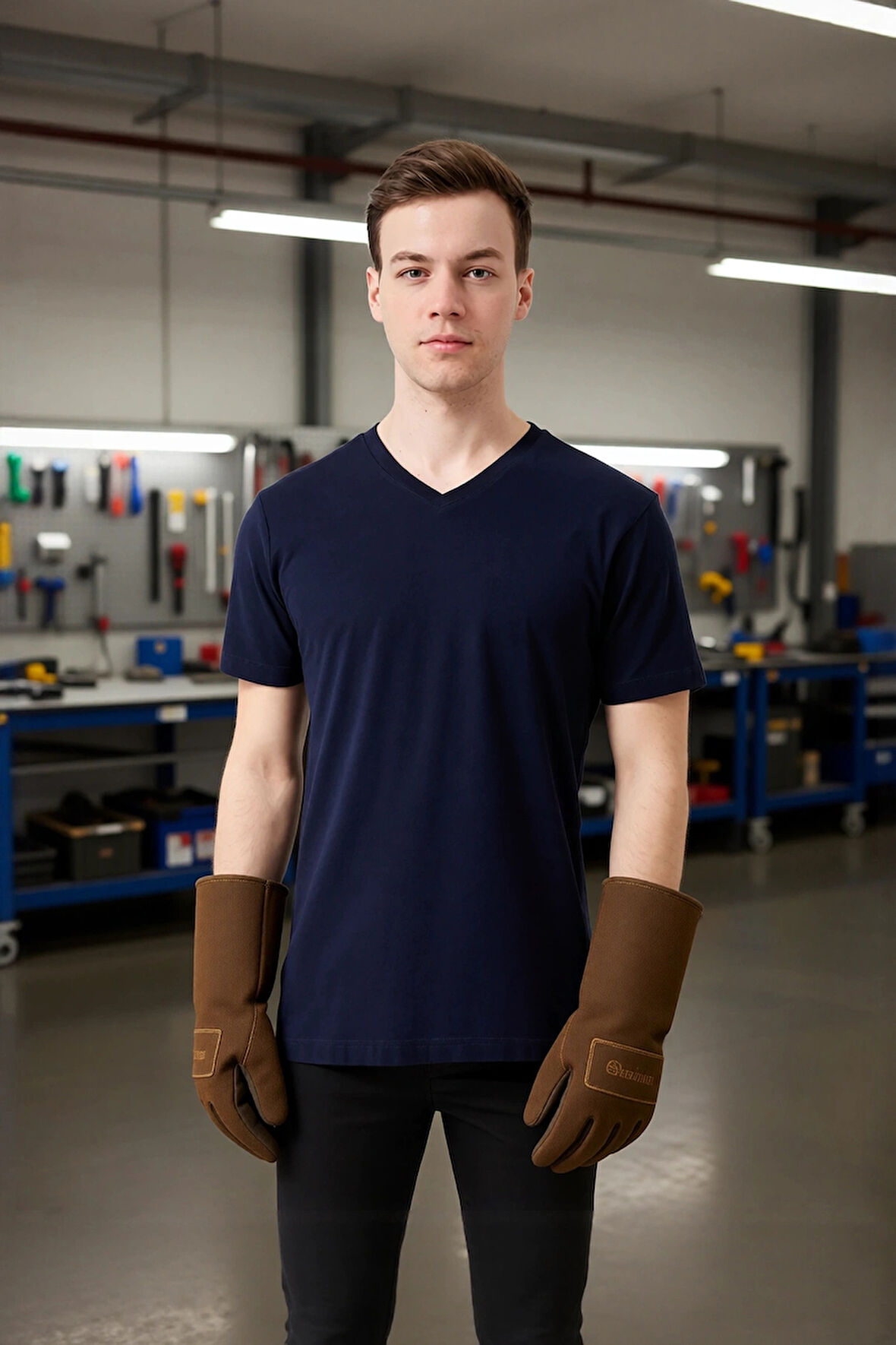 Erkek Lacivert V Yaka Kısa Kollu Nefes Alabilir Pamuklu Hafif Düz Yazlık Tshirt