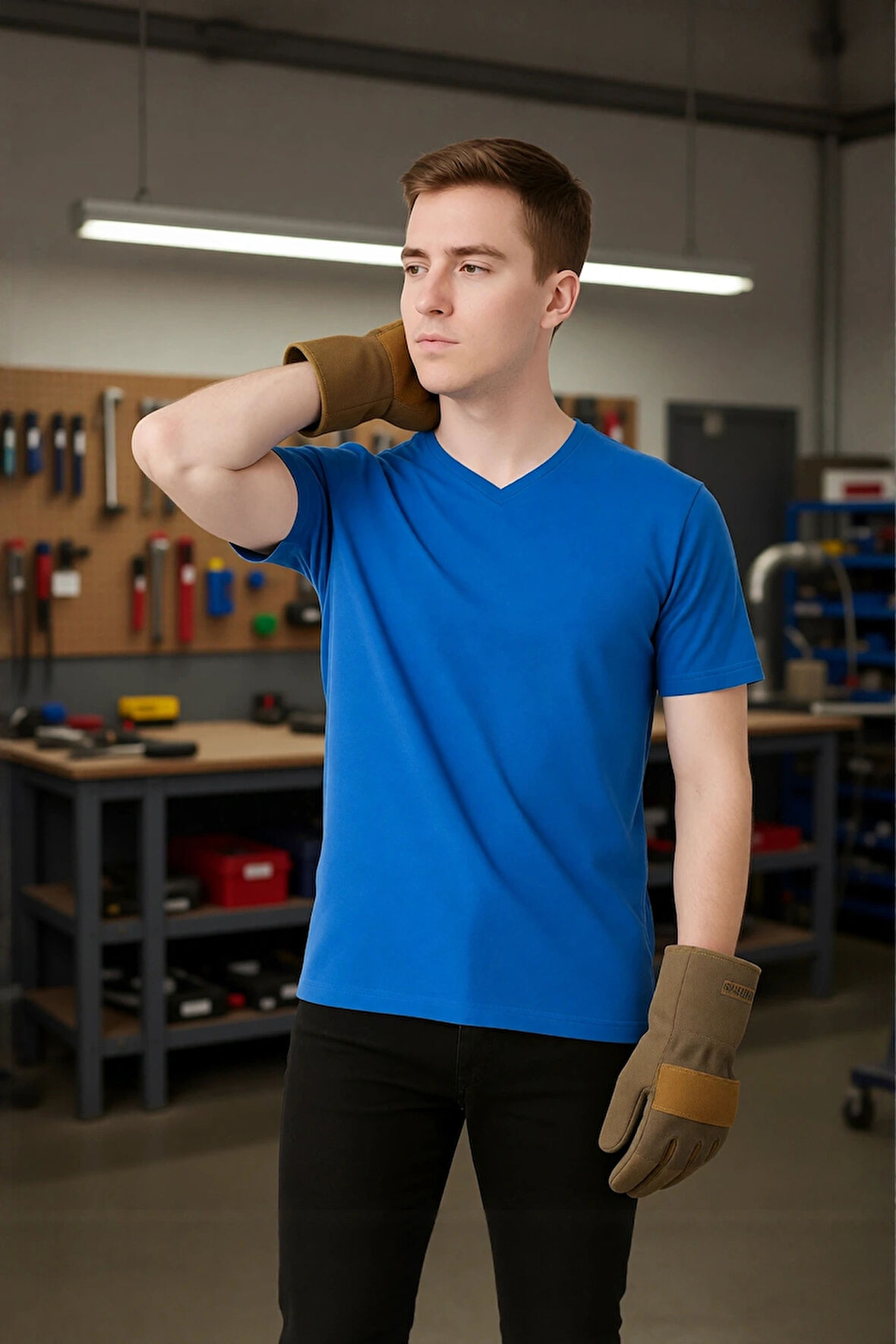 Erkek Sax Mavi V Yaka Kısa Kollu Pamuklu Hafif Nefes Alabilir Günlük Yazlık Tshirt