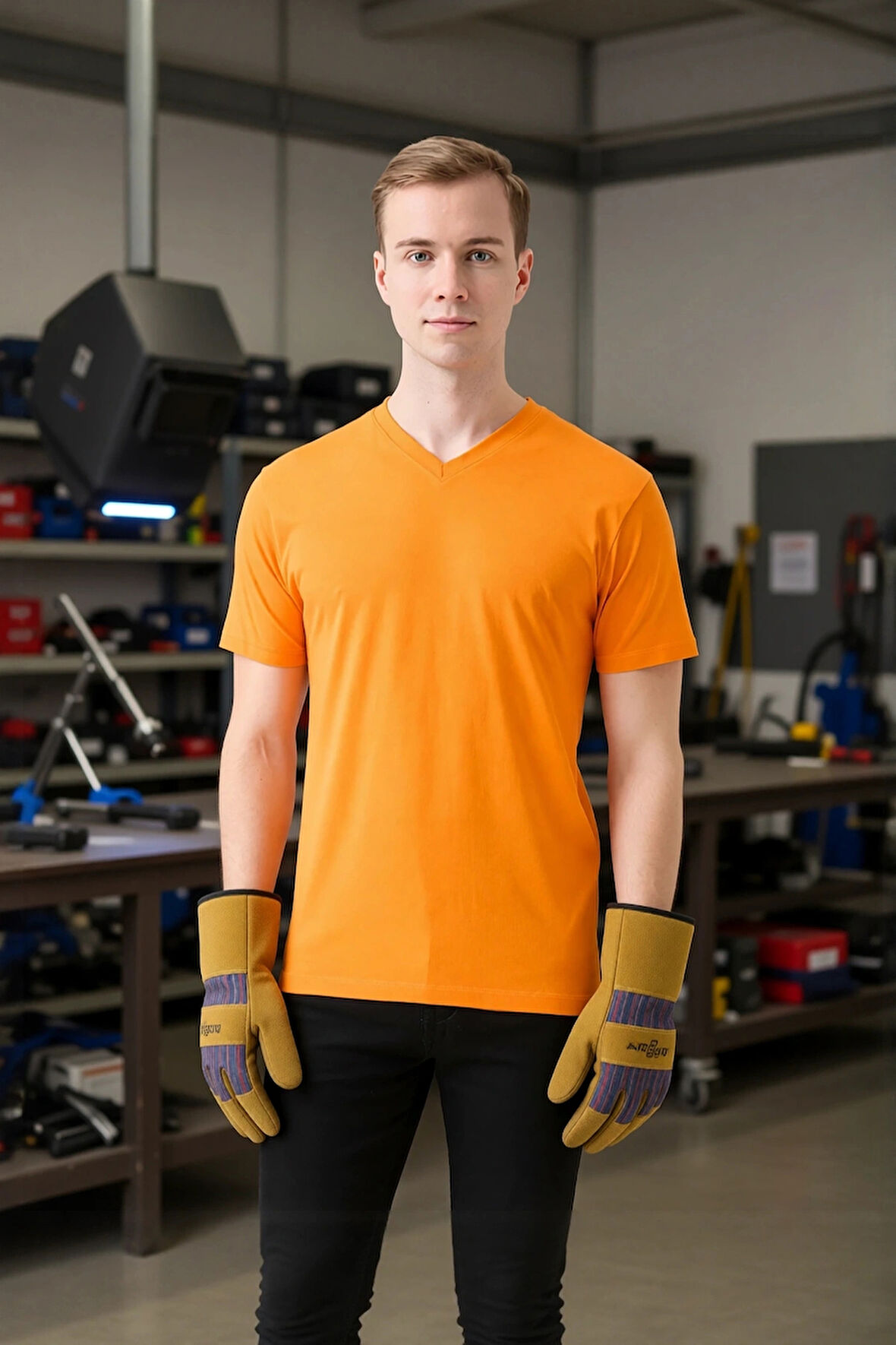 Erkek Turuncu V Yaka Kısa Kollu Pamuklu Rahat Kesim Hafif Yazlık Günlük Tshirt