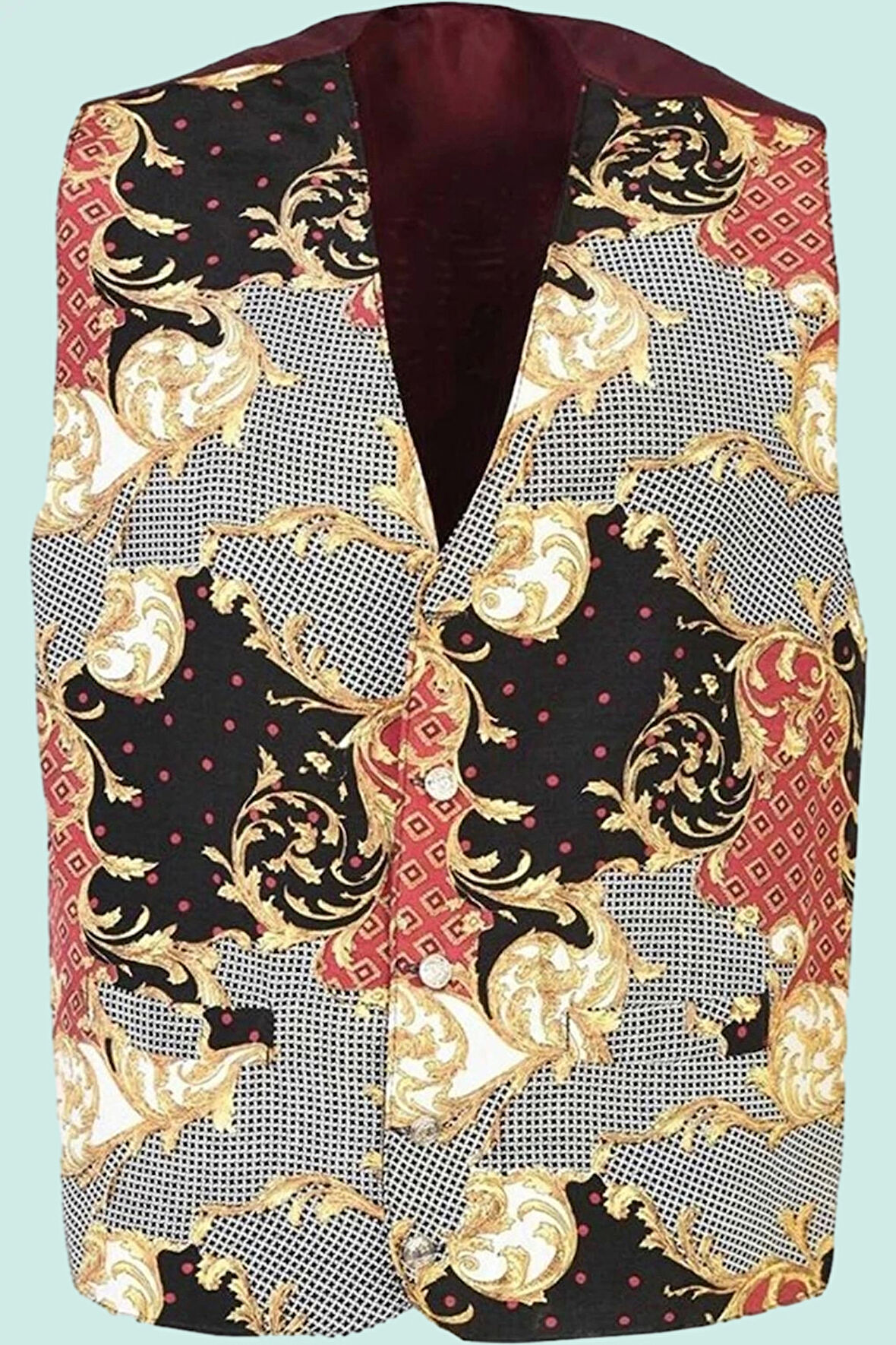 Barok Desenli Astarli Garson Yeleği Astarlı İki Cepli Şal Şık Fonksiyonel Hizmet Sektörü Kıyafeti