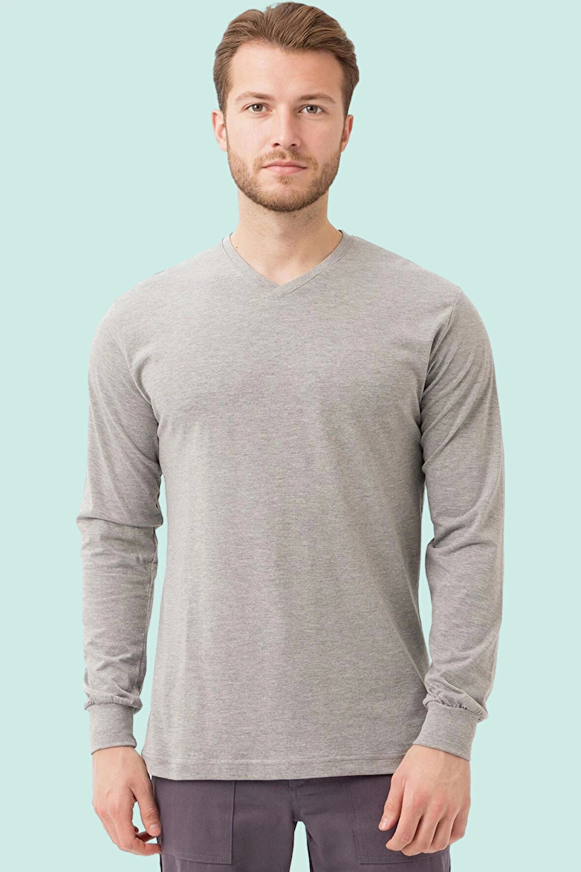 Erkek V Yaka Uzun Kollu Tişört 50 Pamuk Gaura shirt Pamuklu Nefes Alabilir Rahat Kesim Günlük