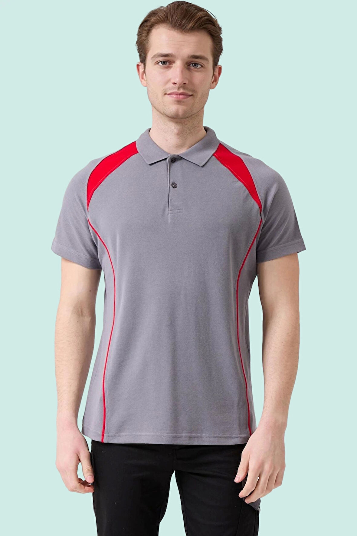 Polo Yaka Tişört GriKırmızı Detaylar İş Güvenliği Vancelya shirt Nefes Alabilir Şık Rahat Günlük