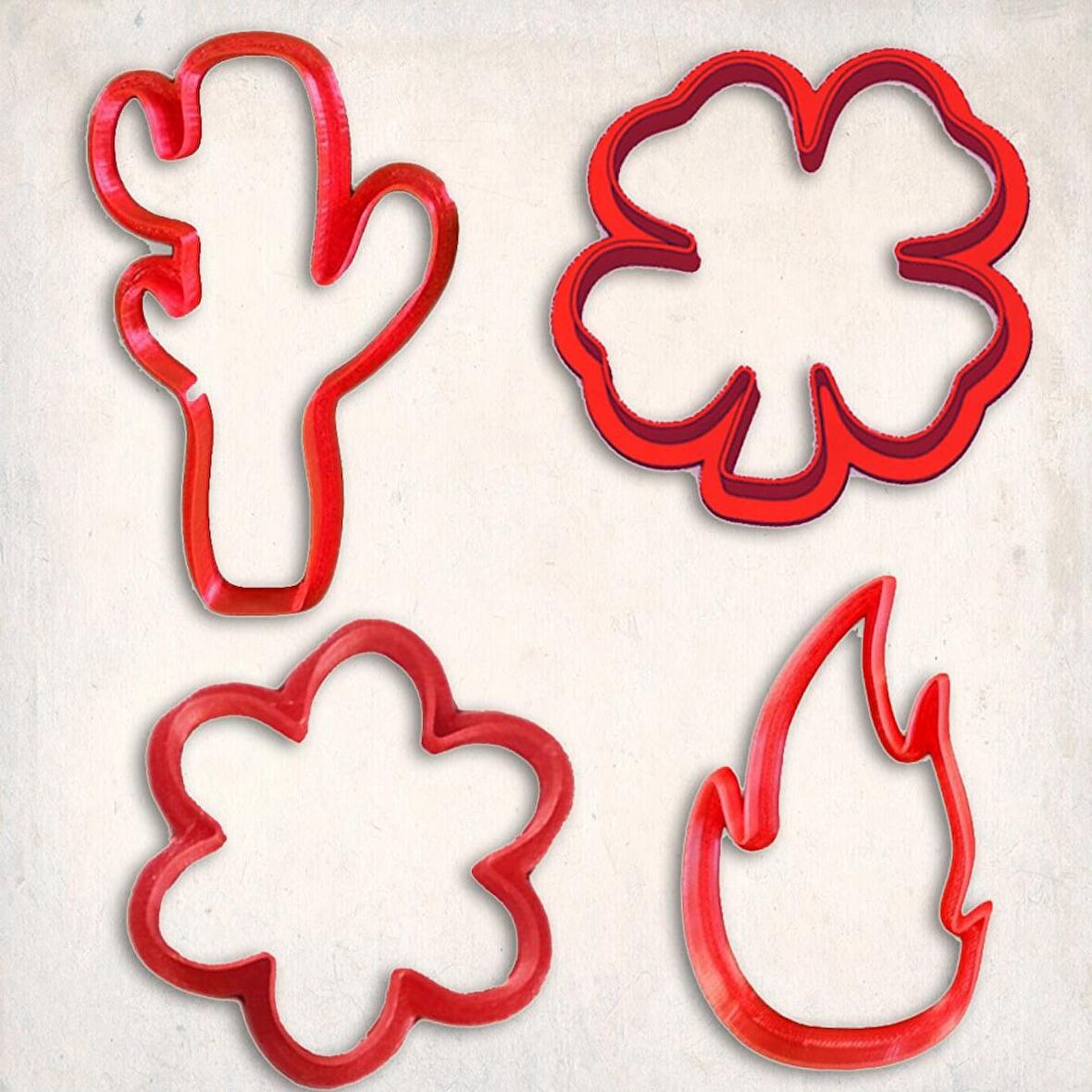 Çiçek Kurabiye Kalıp Set 4'lü- Kaktüs, Yonca, Çiçek, Yaprak