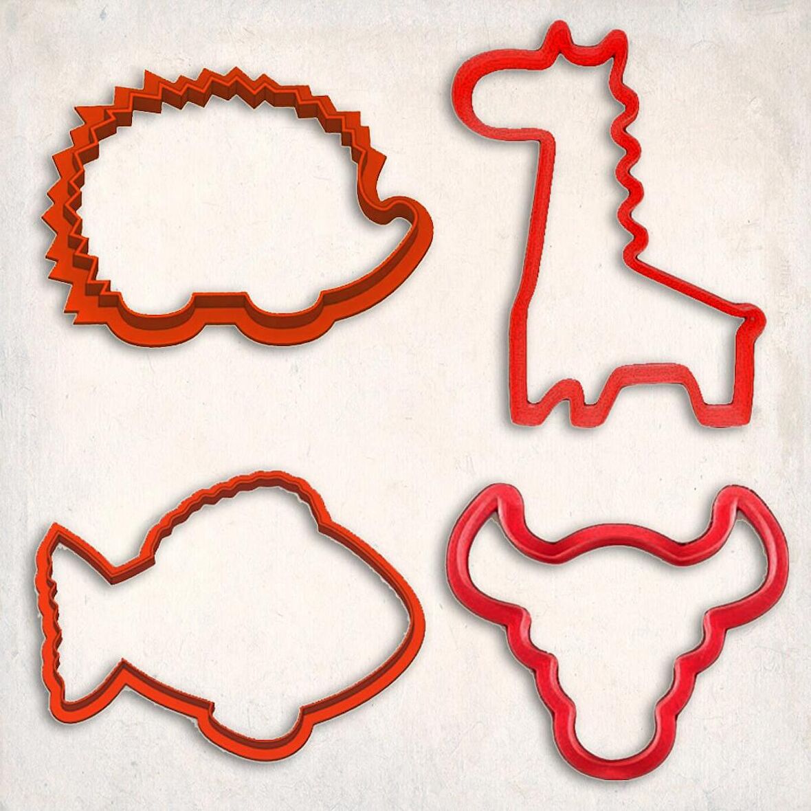 Hayvanlar Kurabiye Kalıp Set 4'lü- Kirpi, Zürafa, Boğa, Balık