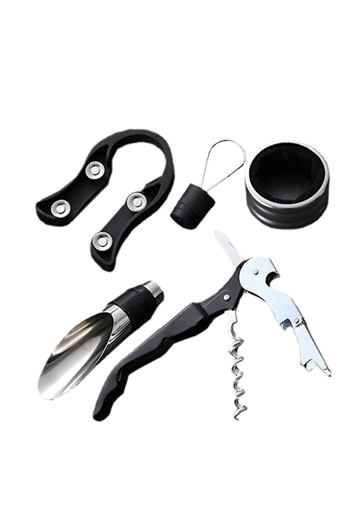 Şarap Açacağı 5 Parçalı Set, Tirbuşon, Damlama Halkası, Şarap Dökücü, Şişe Açacağı ve Folyo Kesici