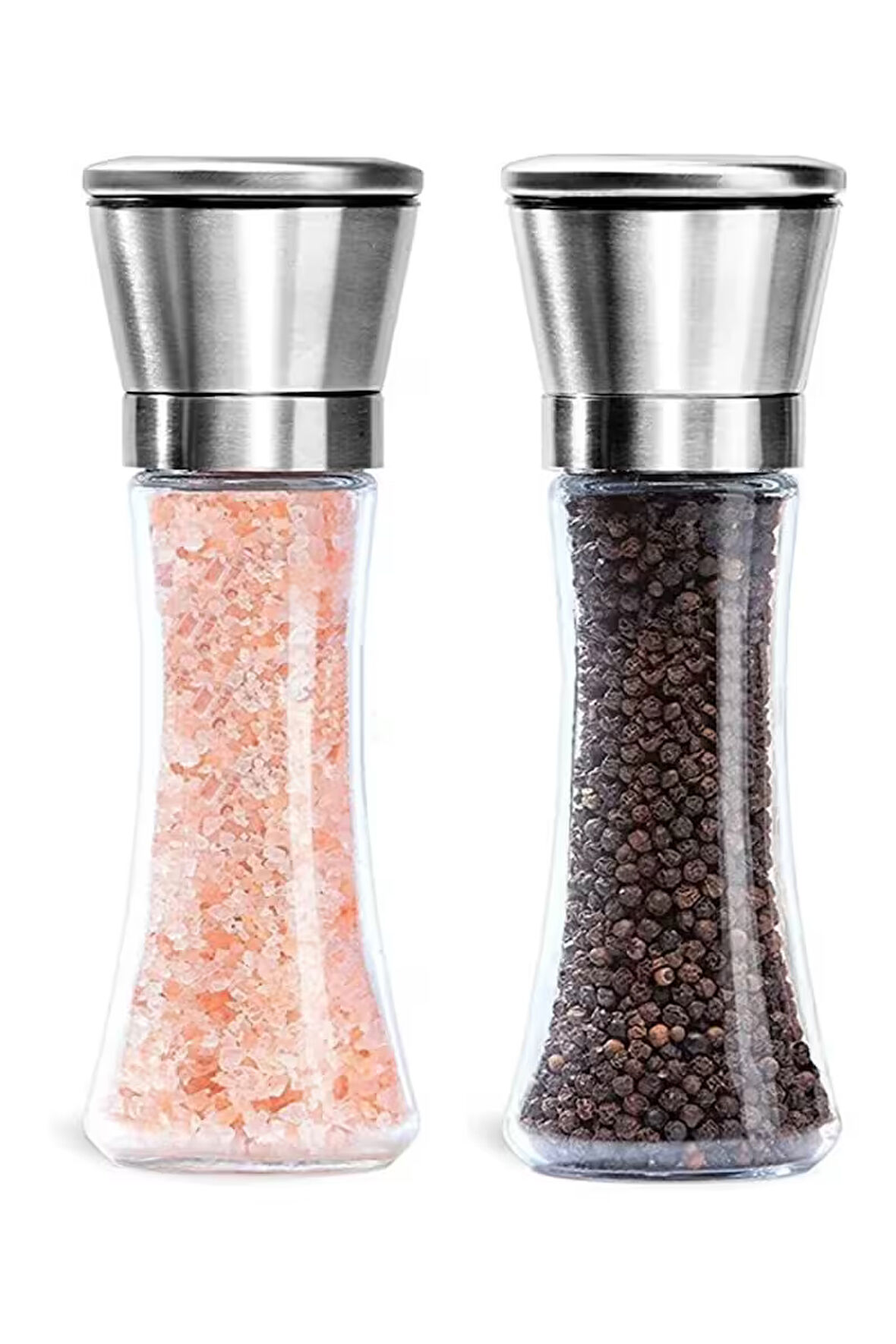 Cam Gövdeli Metal Krom Renk Kapaklı Tuz Karabiber Değirmeni Tuz Karabiber Öğütücü 19 Cm 2 Adet