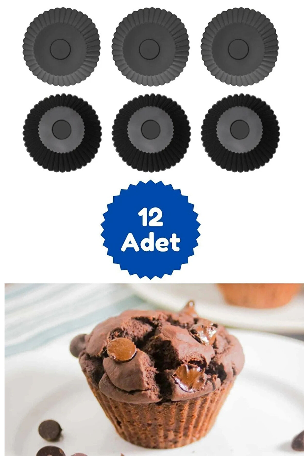 Antrasit 12'li Silikon Mini Browni Kalıbı - Muffin Kalıbı 12 Adet Cupcake Kek Kalıbı