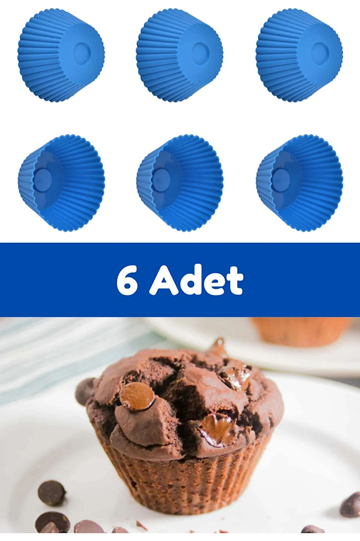 Mavi 6'lı Silikon Mini Browni Kalıbı - Muffin Kalıbı 6 Adet Cupcake Kek Kalıbı