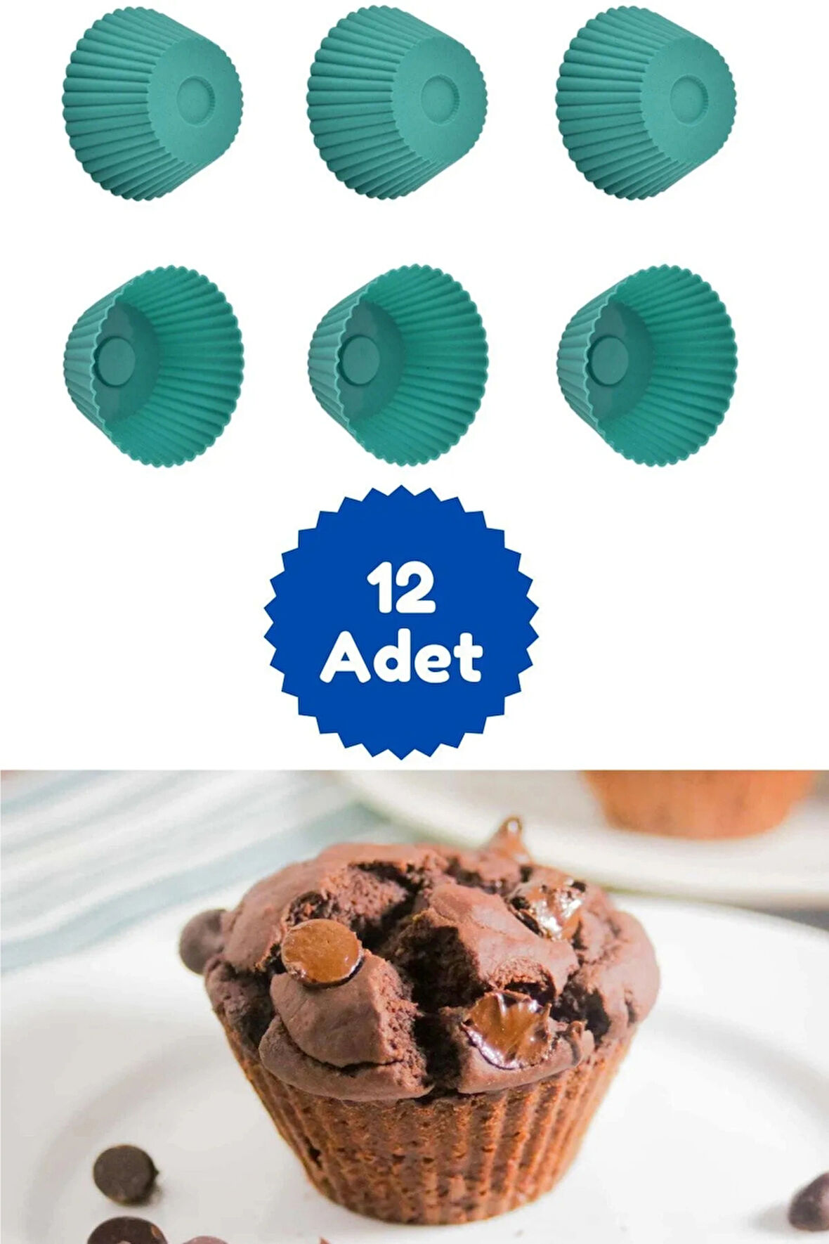 Yeşil 12'li Silikon Mini Browni Kalıbı - Muffin Kalıbı 12 Adet Cupcake Kek Kalıbı