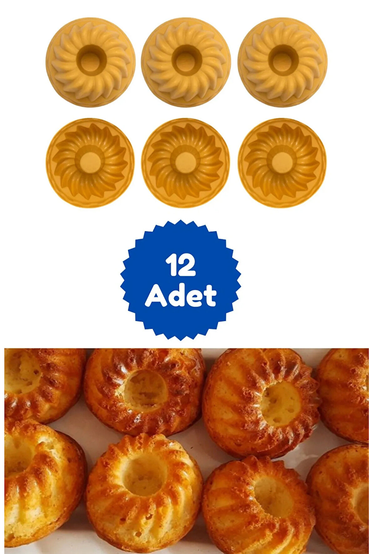 Sarı 12'li Silikon Mini Kek Kalıbı - Muffin Kalıbı 12 Adet Göbekli Kek Kalıbı