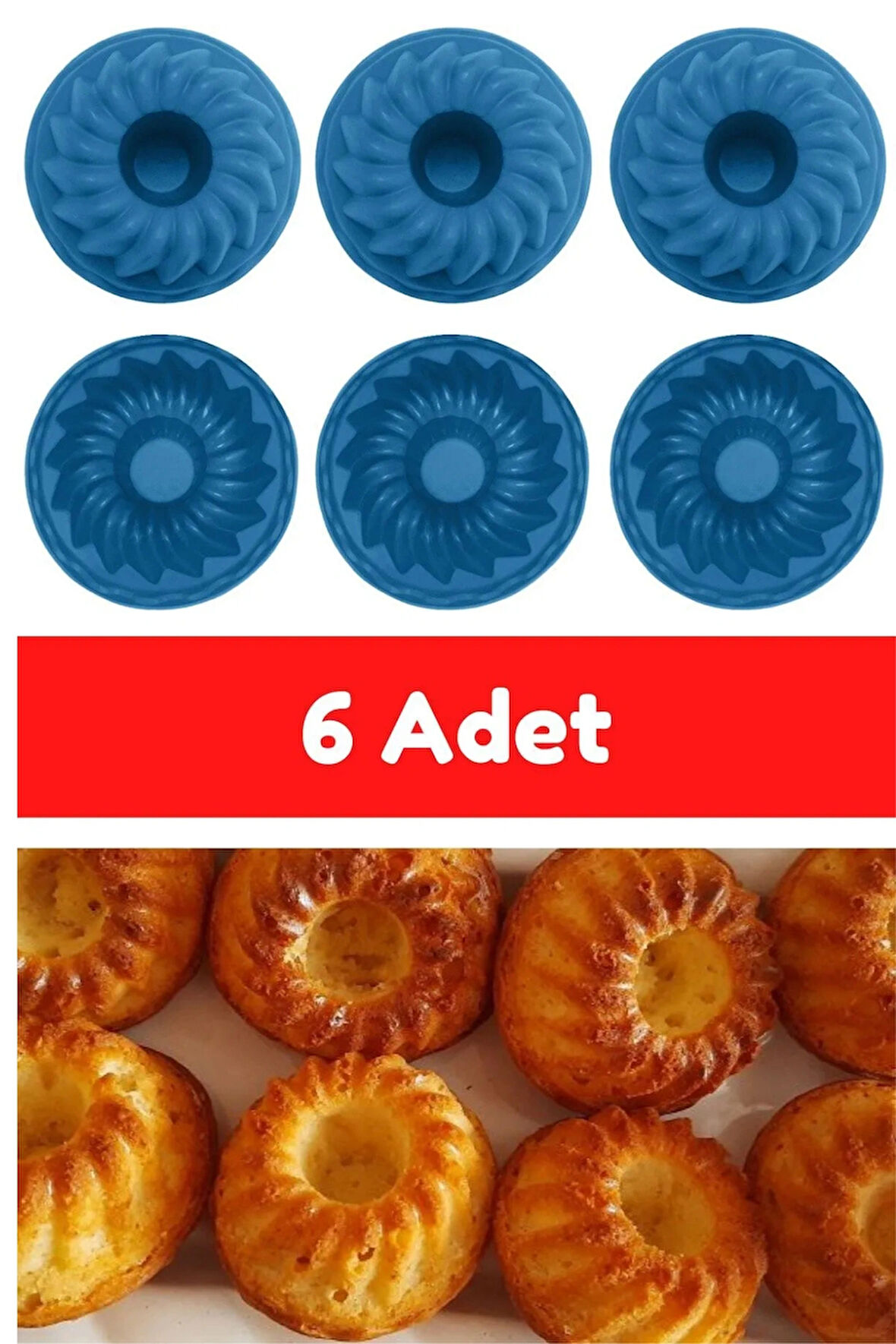 Mavi 6'lı Silikon Mini Kek Kalıbı - Muffin Kalıbı 6 Adet Göbekli Kek Kalıbı