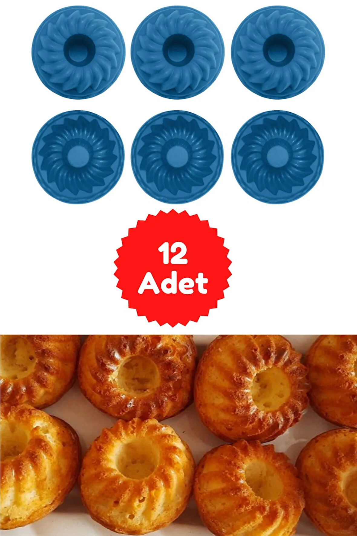 Mavi 12'li Silikon Mini Kek Kalıbı - Muffin Kalıbı 12 Adet Göbekli Kek Kalıbı