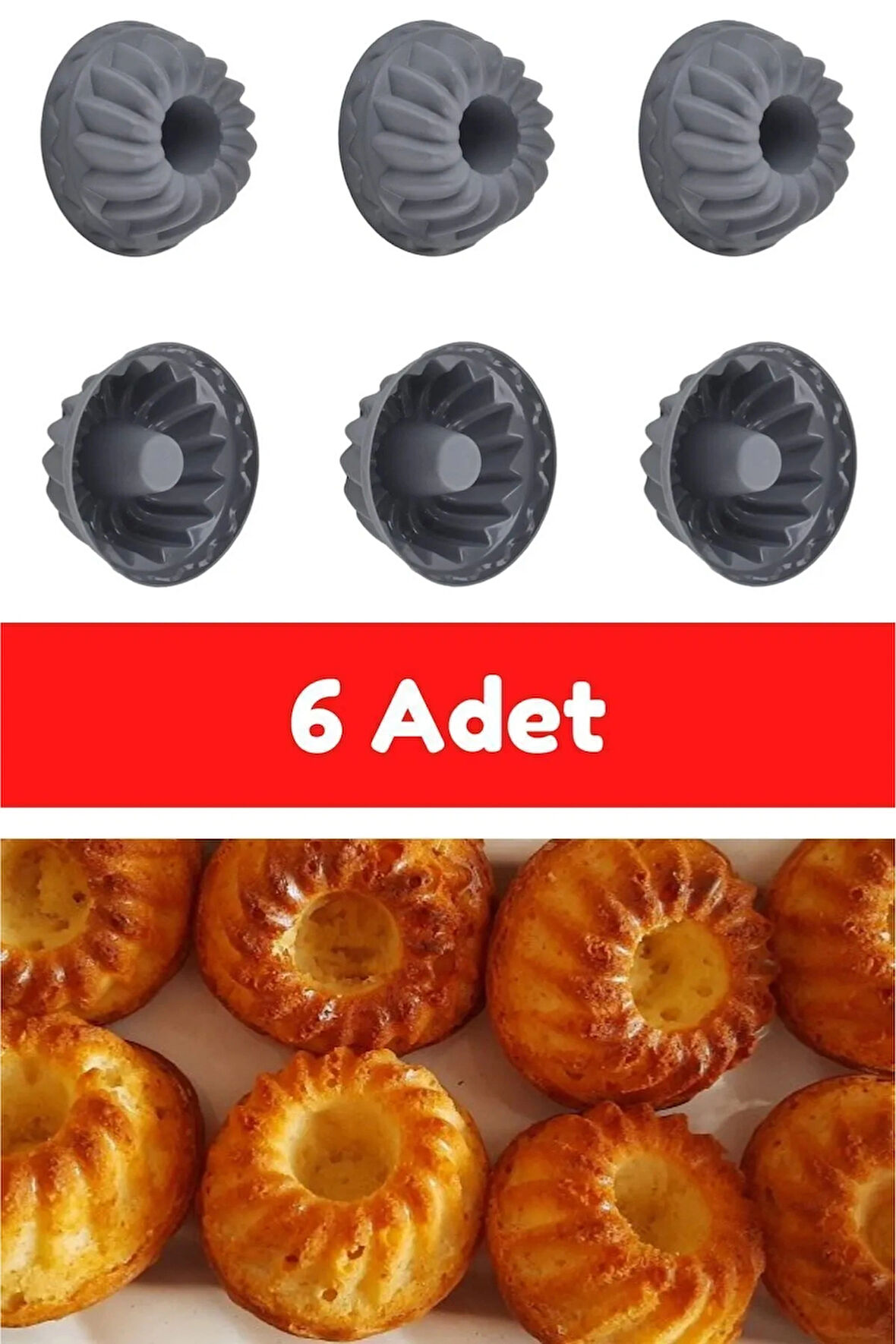 Antrasit 6'lı Silikon Mini Kek Kalıbı - Muffin Kalıbı 6 Adet Göbekli Kek Kalıbı