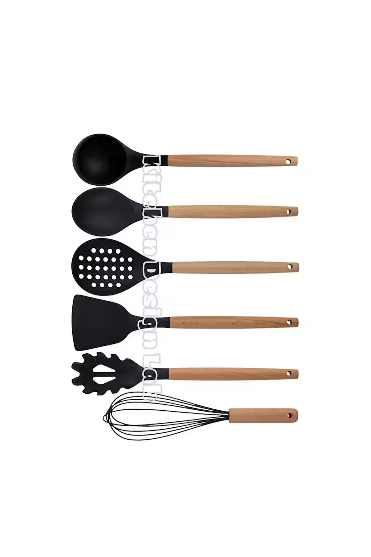 Siyah Bambu Saplı Silikon Servis Seti 6 Adet, Kepçe, Kaşık, Kevgir, Makarna, Açılı Spatula, Çırpıcı